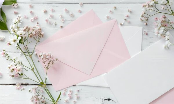 Stack of white and pink envelopes with flowers on top. The envelopes are arranged in a way that they look like they are about to be sent out