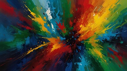 The image presents an abstract artwork featuring a dynamic explosion of vibrant colors emanating from a central point against a dark background. The colors include red, orange, yellow, green, blue, an