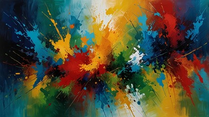 The image presents an abstract artwork featuring a dynamic explosion of vibrant colors emanating from a central point against a dark background. The colors include red, orange, yellow, green, blue, an