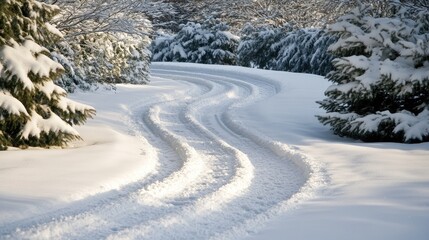 Obraz premium Serene Winter Landscape with Fresh Snow and Car Tracks