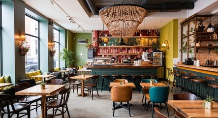 Hipster cafe with eclectic decor background trendy cafe featuring unique decor and a relaxed atmosphere