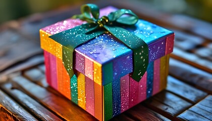 A vibrant gift box wrapped with a green ribbon perfectly placed on a rustic wooden surface eliciting joy and anticipation for special occasions and celebrations