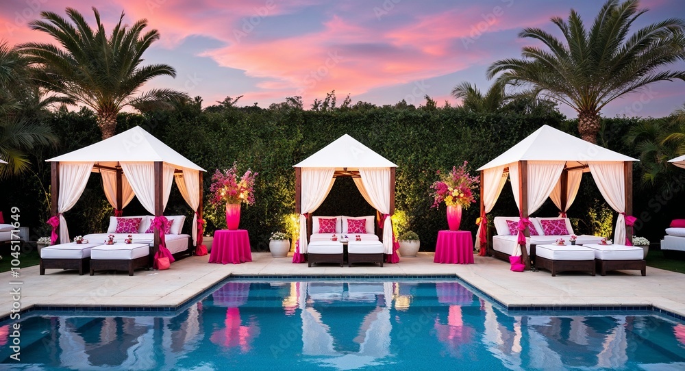 Poster lavish pool party setup with cabanas background upscale pool area decorated for a vibrant pool party