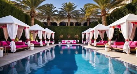 Lavish pool party setup with cabanas background upscale pool area decorated for a vibrant pool party with cabanas