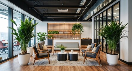 Office coffee break area with plants background cozy office break area with plants and coffee station
