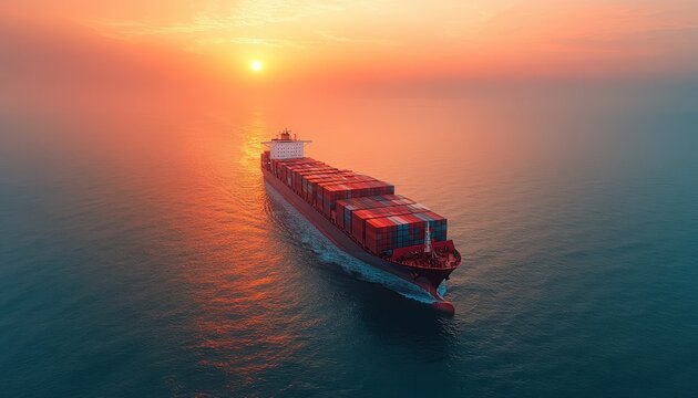 Container ship navigating ocean waters at sunset during import operations