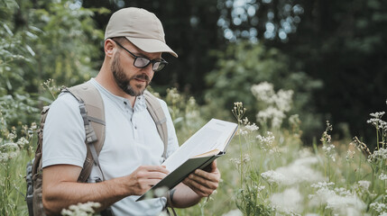 Fototapeta premium Forest Ranger Identifying Flora and Fauna in the Woods