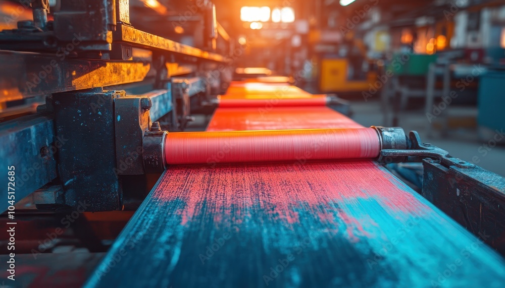 Wall mural printing press rollers operate during golden hour in a bustling factory setting