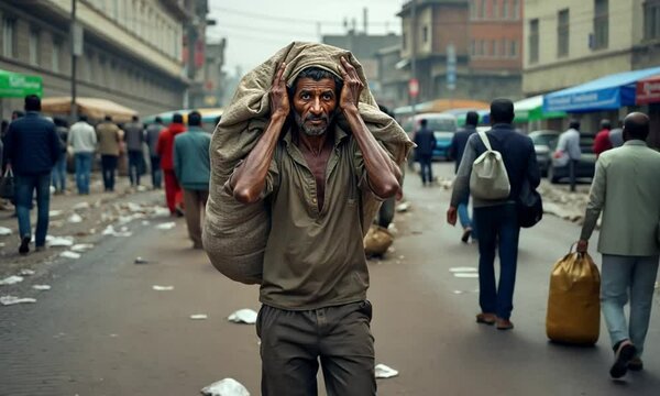 Homeless poor man working