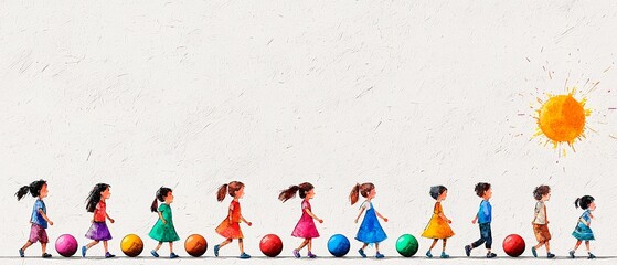 Fototapeta premium Colorful Children Walking with Balls Under the Sun