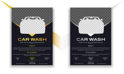 Car wash flyer brochure car care, repair, servicing, premium black, golden, silver, professional, clean, clear, soap, foam, glitter, shine, a4 print ready eps file template.