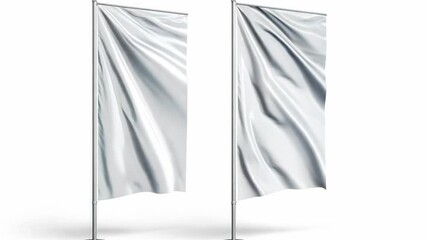 Two white banners are hanging from a pole. The banners are large and white, and they are hanging side by side