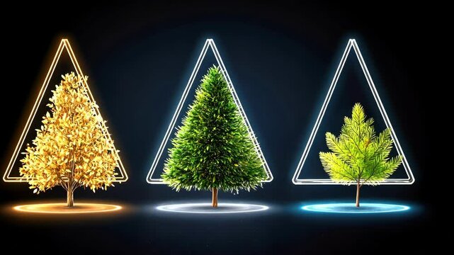 Triangular glow: vibrant trees illuminated with colorful neons in a dark setting