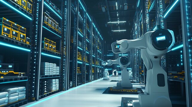 A futuristic warehouse featuring robotic arms and illuminated shelves filled with various items, highlighting advanced automation technology.
