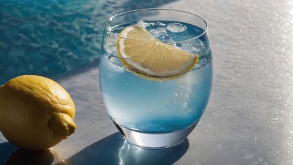 A refreshing blue drink with a citrus twist, featuring a lemon wedge and ice cubes, resting on a reflective surface with a blurred blue background.