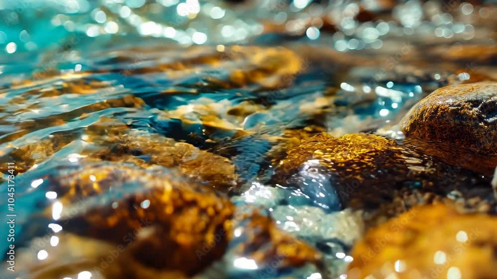 Poster the water is calm and clear, with a few rocks scattered throughout. the rocks are of various sizes a