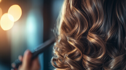 Fototapeta premium Close-Up of a Woman's Hair Being Curled with a Styling Wand