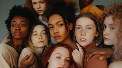 Obraz premium Diverse group of women, closely posed, in muted tones.