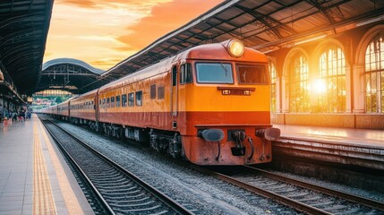 Fototapeta premium Vibrant Orange Train in Motion at Station
