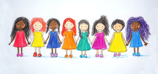 Wax crayon childish drawing of a group of girls, concept of diversity and unity