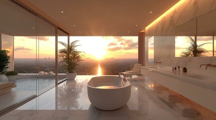 Fototapeta premium A sleek, modern bathroom featuring a glass wall with a sunset view, a freestanding tub, and elegant decor, creating a serene ambiance.