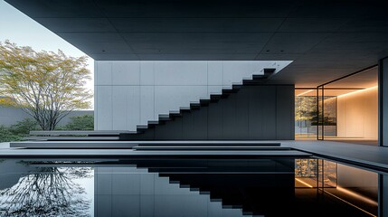 A modern architectural interior featuring a sleek staircase, minimalistic design, and serene reflection in the water, showcasing light and nature.