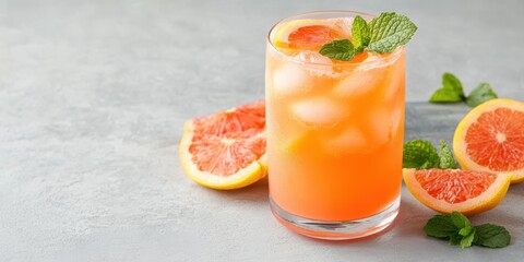 Refreshing citrus cocktail with ice, mint leaves, and grapefruit slices.