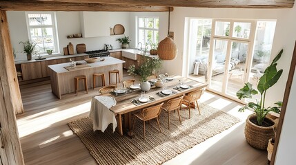 A bright, airy kitchen-dining area featuring a large wooden table, natural elements, and ample sunlight filtering through large glass doors.