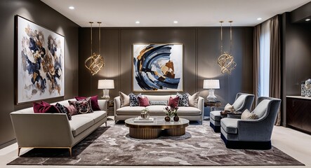 Upscale living room with modern decor background sophisticated living room featuring plush furnishings and contemporary art