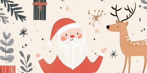 Santa Claus with reindeer, festive elements, cheerful winter scene.