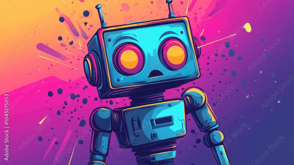 Poster colorful cartoon illustration of a robot experiencing a malfunction with a gradient shading effect