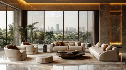 Fototapeta premium sophisticated beige living room interior featuring elegant armchairs, a plush sofa, and a panoramic window that floods the space with natural light, creating a serene ambiance