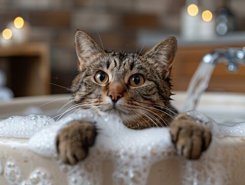 Cats enjoying a bath in a stylish bathtub with grooming tools and shampoo. Highlighting grooming and hygiene, ideal for pet grooming salons and cat care tutorials.