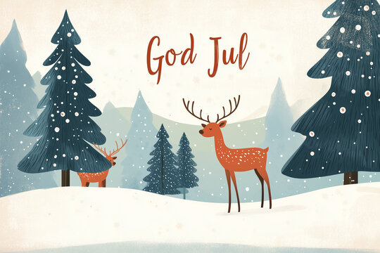 A Scandinavian-style card with a simple line drawing of a reindeer and pine tree.A Christmas card with two deer in the snow and God Jul on it