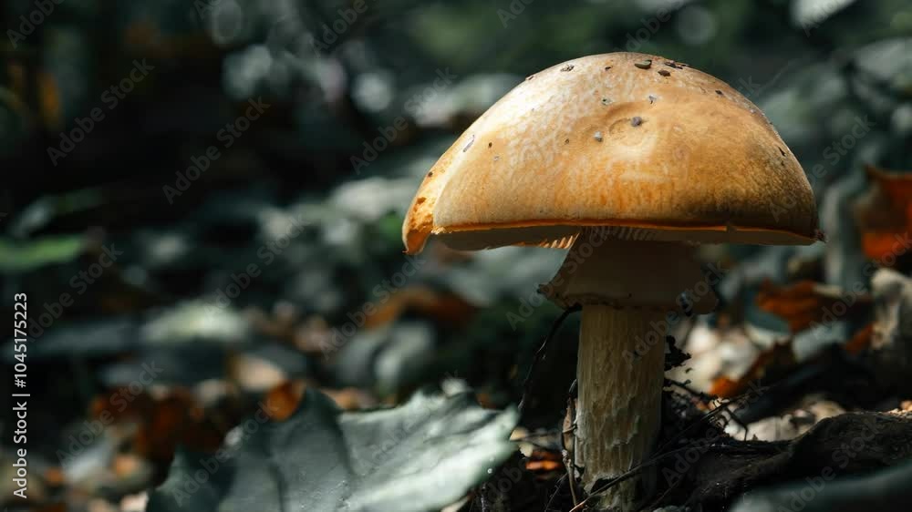 Poster mushroom is sitting on the ground in a forest. the mushroom is brown and has a pointy top. the fores