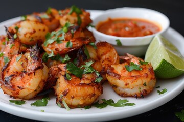A plate of acaraj, black-eyed pea fritters stuffed with shrimp and vatape, served with a side of hot pepper sauce and fresh lime wedges.