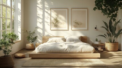 Fototapeta premium A serene bedroom featuring a cozy bed, natural decor, plants, and soft lighting that harmonizes with a minimalistic design.