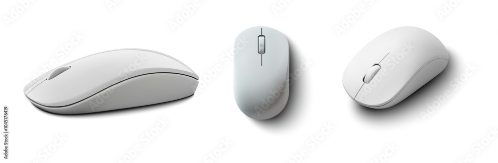 Fototapete a set of three modern white computer mice with sleek, minimalistic designs. each mouse features smoo