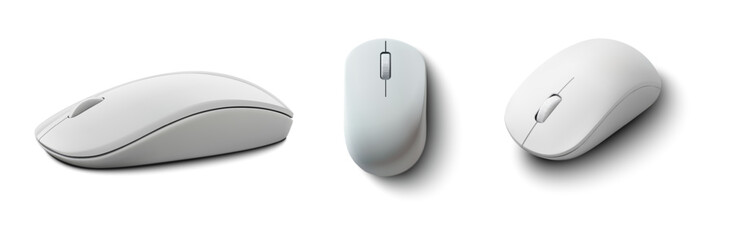 A set of three modern white computer mice with sleek, minimalistic designs. Each mouse features smooth curves, a streamlined shape, and a simple button layout. 3d vector illustration