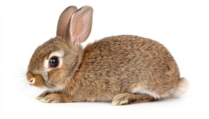 A cute brown rabbit sitting quietly on a clean white floor in a bright setting