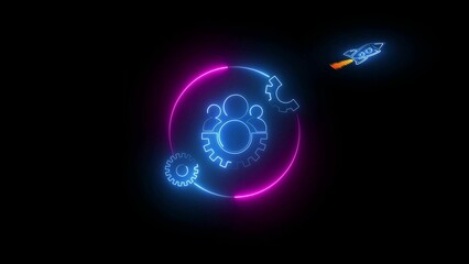 Abstract glowing neon icon with man and rocket  on black background.  