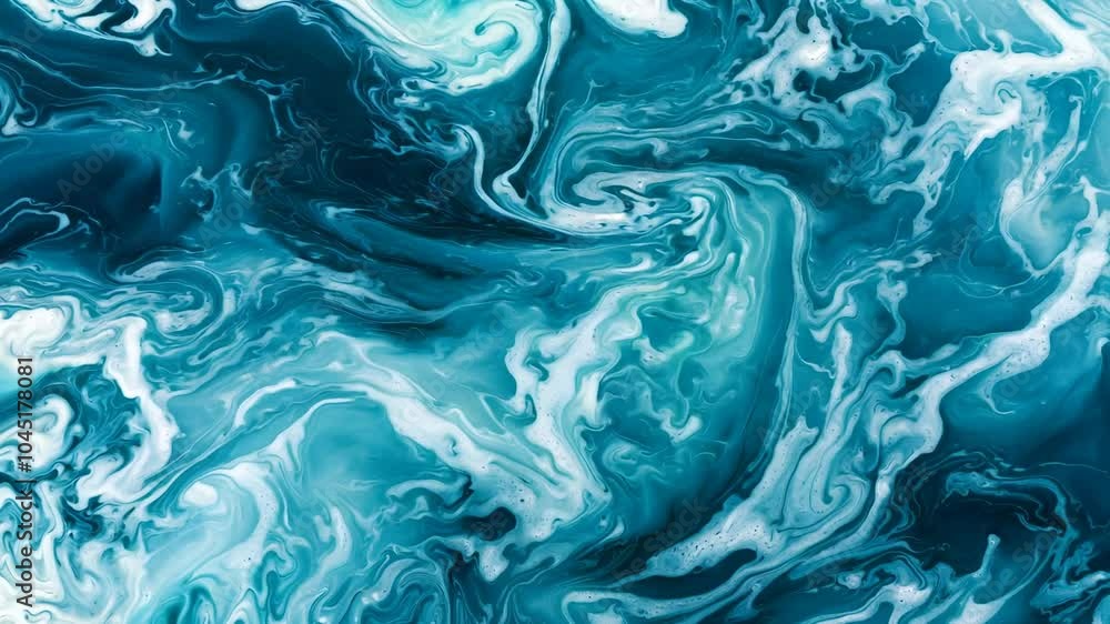 Poster blue and white swirl pattern in the ocean, with foam and bubbles floating on the surface. the water 