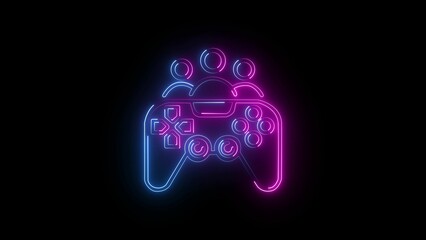 Abstract glowing neon  game icon with man character .on black background. 