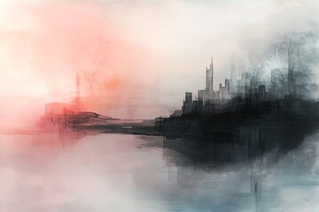Fototapeta premium Abstract watercolor painting of a cityscape with a red and blue sky.