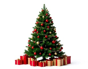 A large, lush green Christmas tree decorated with red ornaments, gold garlands, and twinkling lights, surrounded by wrapped gifts, white background