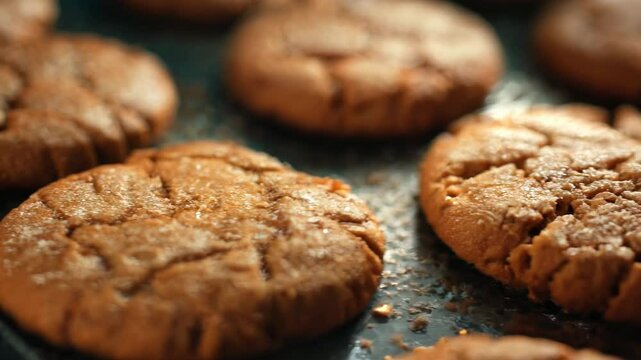Close up of a plate of cookies with a brown color. The cookies are arranged in a row and have a crumbly texture