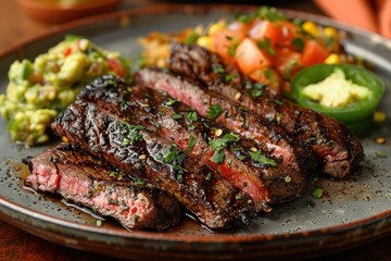 A plate of arrachera, grilled skirt steak served with roasted onions, jalapenos, and a side of guacamole