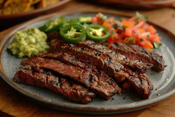 A plate of arrachera, grilled skirt steak served with roasted onions, jalapenos, and a side of guacamole
