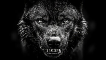 Fototapeta premium Closeup of an intense, menacing black wolf face displaying fierce expression
