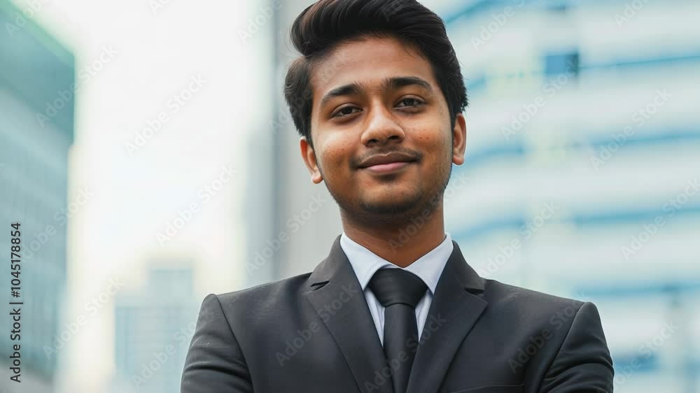 Poster man in a suit and tie is standing in front of a building with a smile on his face